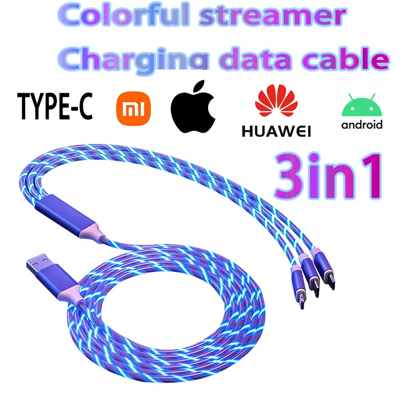 One drag three streamer data cable charging cable fast charge Android type-c iPhone luminous three-in-one universal Data cable/c