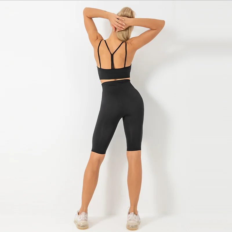 

Lady Knitted Yoga Suit Women Tight Bra Back Hollow And Seamless Elastic Sport Cropped Pants
