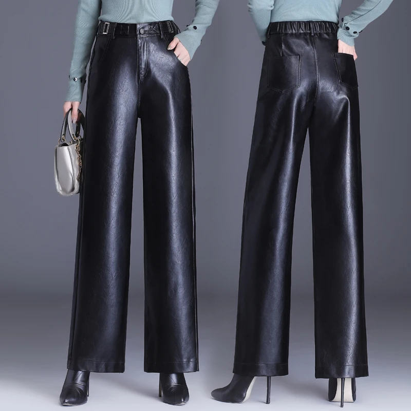 

Women Wide Leg PU Leather Pants Autumn Winter Fashion Warm Long Pants Back Elastic Waist Straight Elegant Leather Trousers