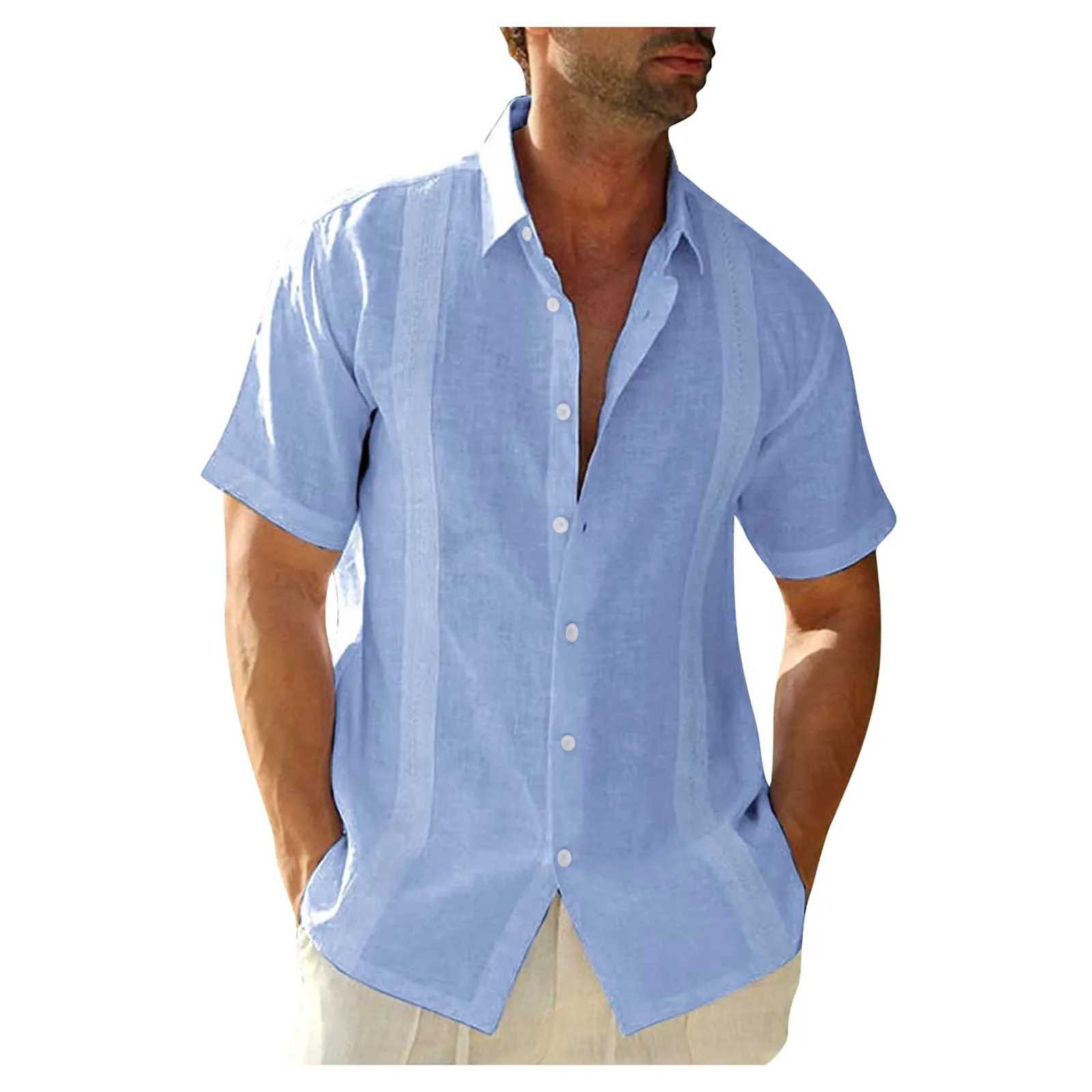 

Men's Shirts Casual Embroidery Edge Solid Shirt Short Sleeve Turn-Down Collar Blouse Shirts Male Breathable Shirt Chemises Homme