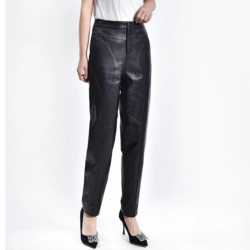 Sheepskin Pants Autumn Winter Women's Loose Black Leather Pants Large Size High Waist Leather Trousers Haren Pants M 5XL