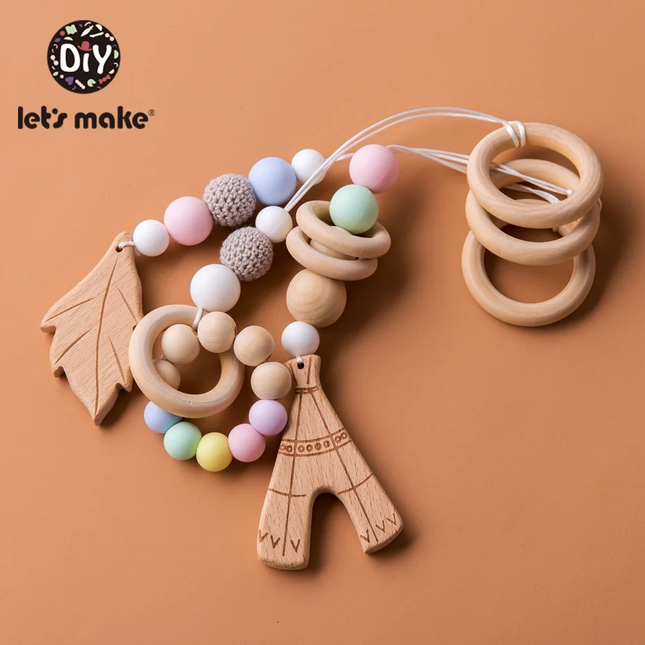 От компании Let's Make 3 шт./компл. Детские Подвеска для коляски прорезывания зубов деревянные крючком силиконов бусов новорожденный комфорт игрушка Аксессуары для колясок
