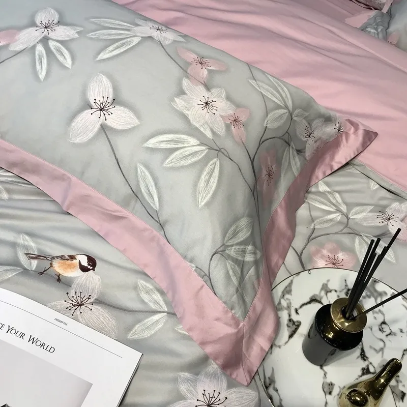

100%Tencel Soft Premium Queen King size 4Pcs Bedding Set Flowers Leaves Branch pattern Vintage Duvet Cover Bed Sheet pillowcases