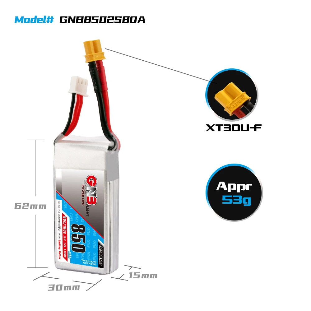 2 шт. GaoNeng GNB 850 мАч 2S 7 4 В 80C/160C Lipo батарея XT30 разъем для FPV гоночного дрона микро
