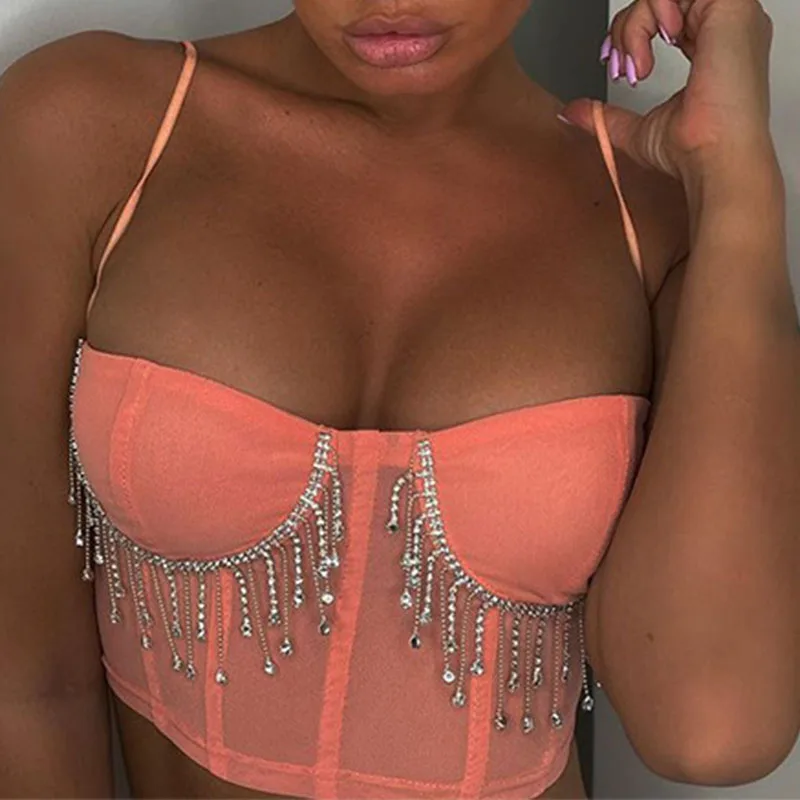 

Women Glitter Rhinestone Tassel Crop Top 2022 Summer Sexy Party Camisoles Low-cut Chest Push Up Vest With Underwire Fashion Wear