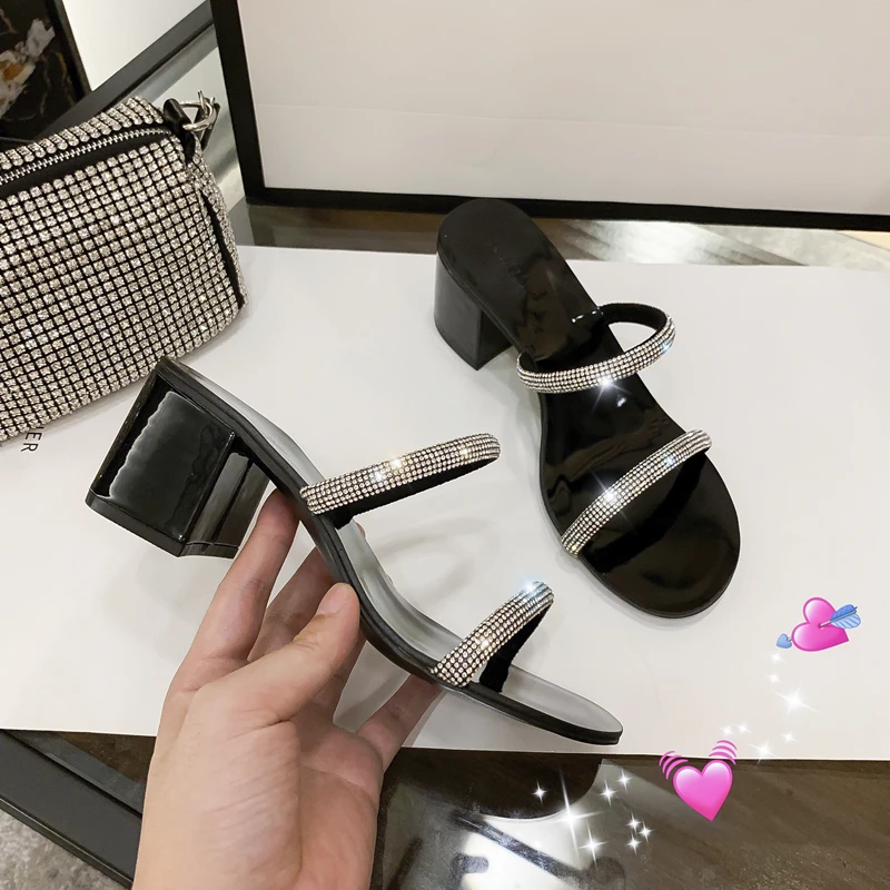 

2021 summer new style round toe slippers with rhinestones casual all-match thick-heeled high-heel sandals for women's outer wear