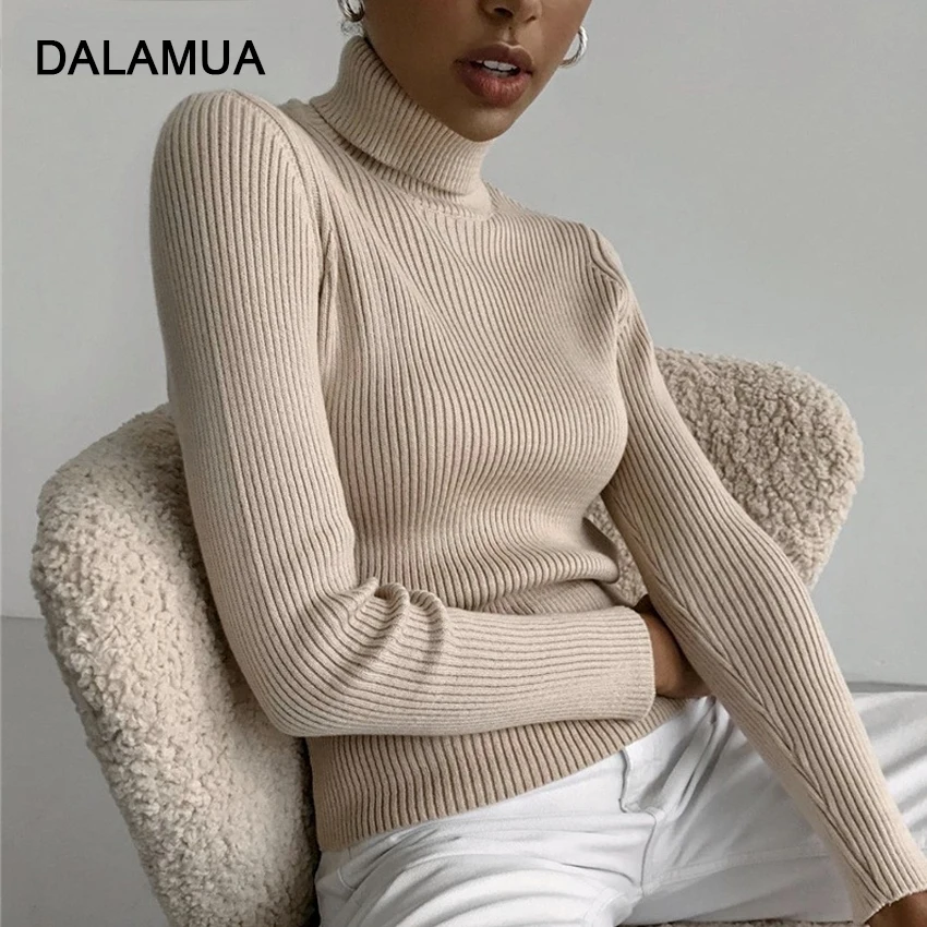 

Повседневная Женская Вязаная футболка, сезон осень-весна 2022, Базовый Топ с длинным рукавом, облегающая однотонная водолазка, Модный пуловер...