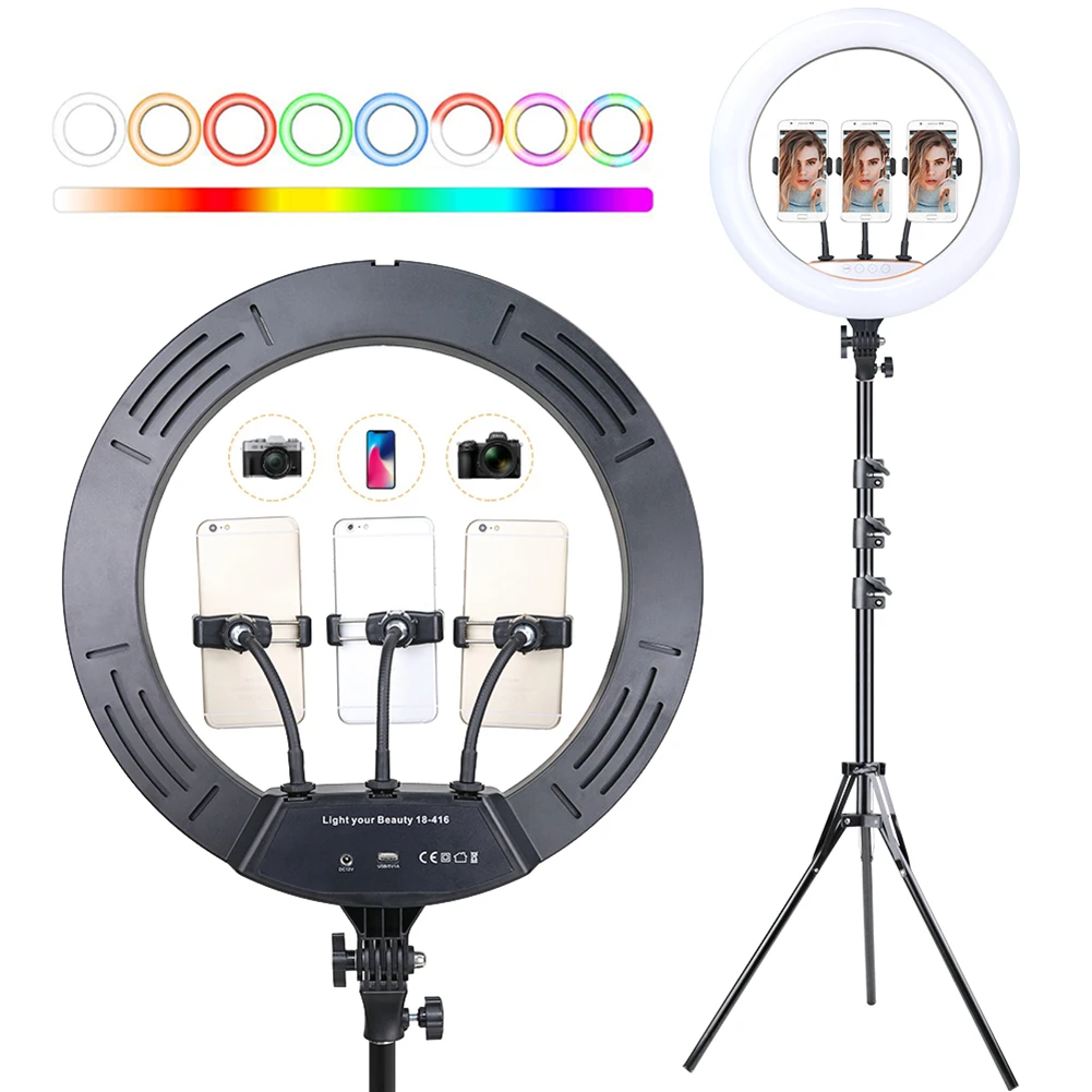 

18 inch RGB Selfie Ring Light with Tripod LED Ring Lamp Colorful Photography Lighting for Youtube Tik Tok Video studio Ringlight