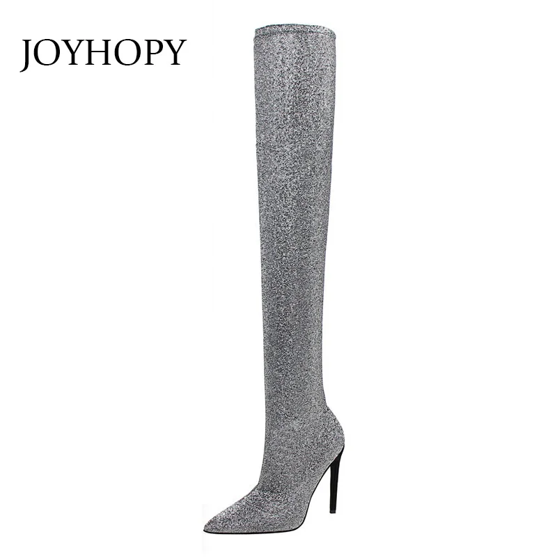 

Sexy Pointy Sequin Thin High Heels Stretch Febric Over the Knee Boots Woman Autumn Nightclub Party Thin Thigh High Shoes WB012
