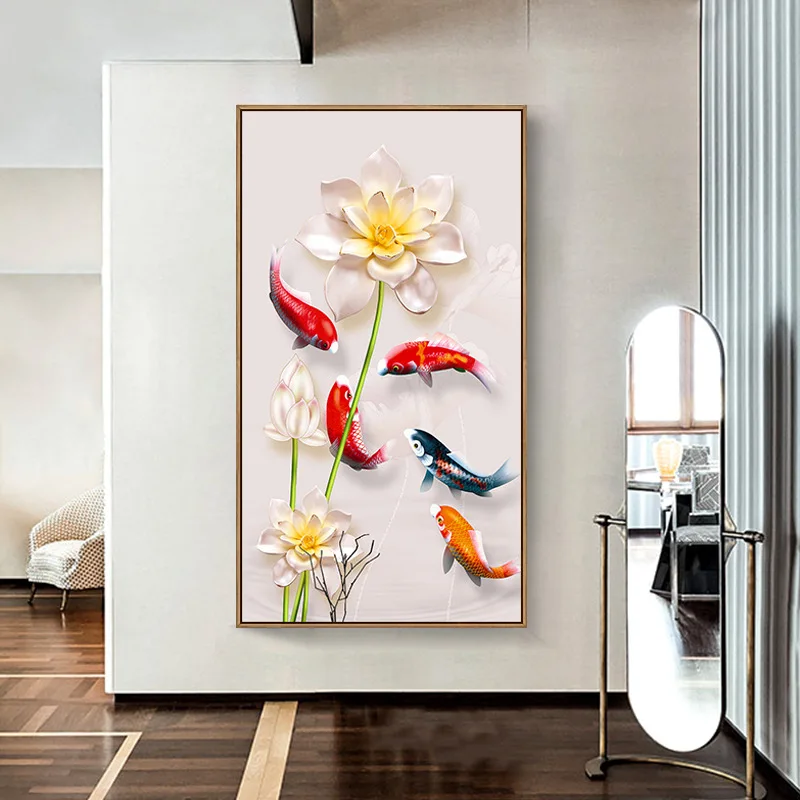 Diy 5D Diamond Embroidery Mosaic Painting Cross Stitch,Full 5Carps Playing Among Lotus For Porch Home Decorative Gift