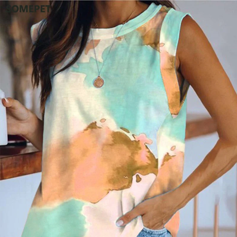 

Summer Tie Dye Sleeveless Womens Vest Tshirts Top O-Neck Loose Casual t shirts Tops Female Fashion Streetwear Lady T-shirt