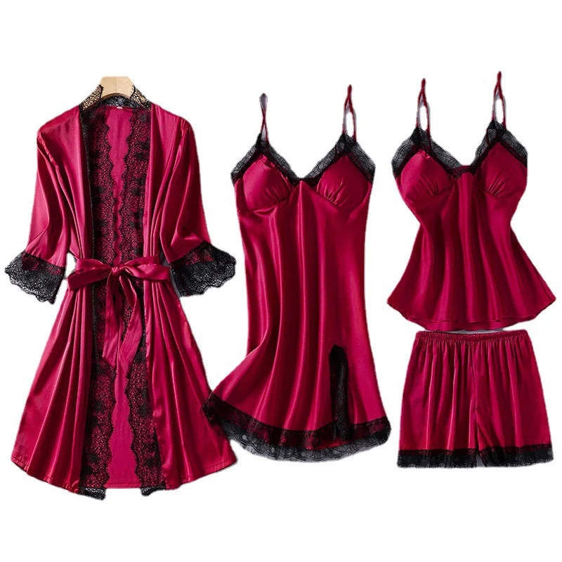 

Satin Lace Patchwork Pajamas Suit Casual Sleepwear Home Clothing Summer New Sexy Split Women Nightwear Intimate Lingerie