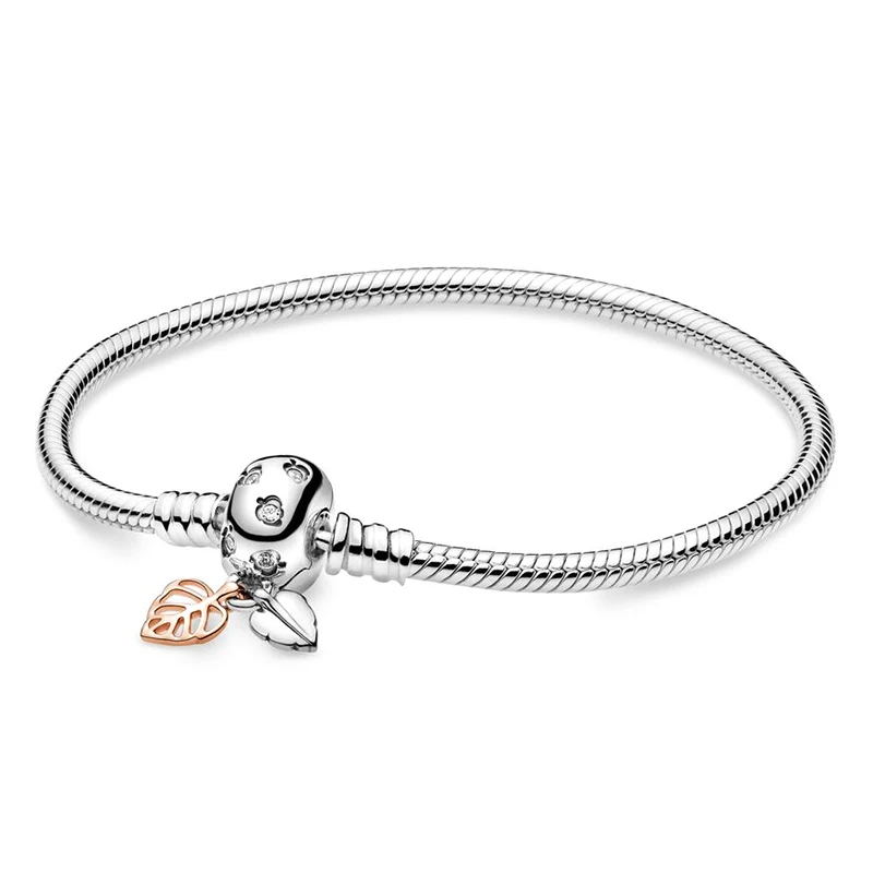 

2019 NEW 100% 925 Sterling Silver Moments Leaves Snake Chain Bracelet Fit Europe Charm Bead Original Jewelry Set Gift
