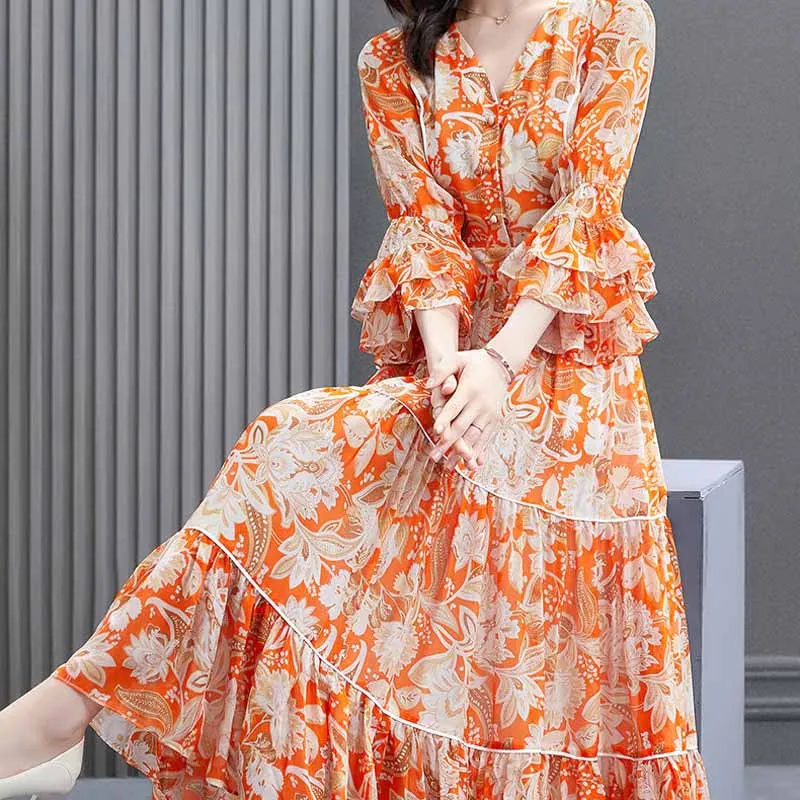 

Elegant Boho Dress Spring Summer Floral Print Long Party Dress Women Casual V-Neck Speaker Sleeve Vintage Maxi Dress Vestidos