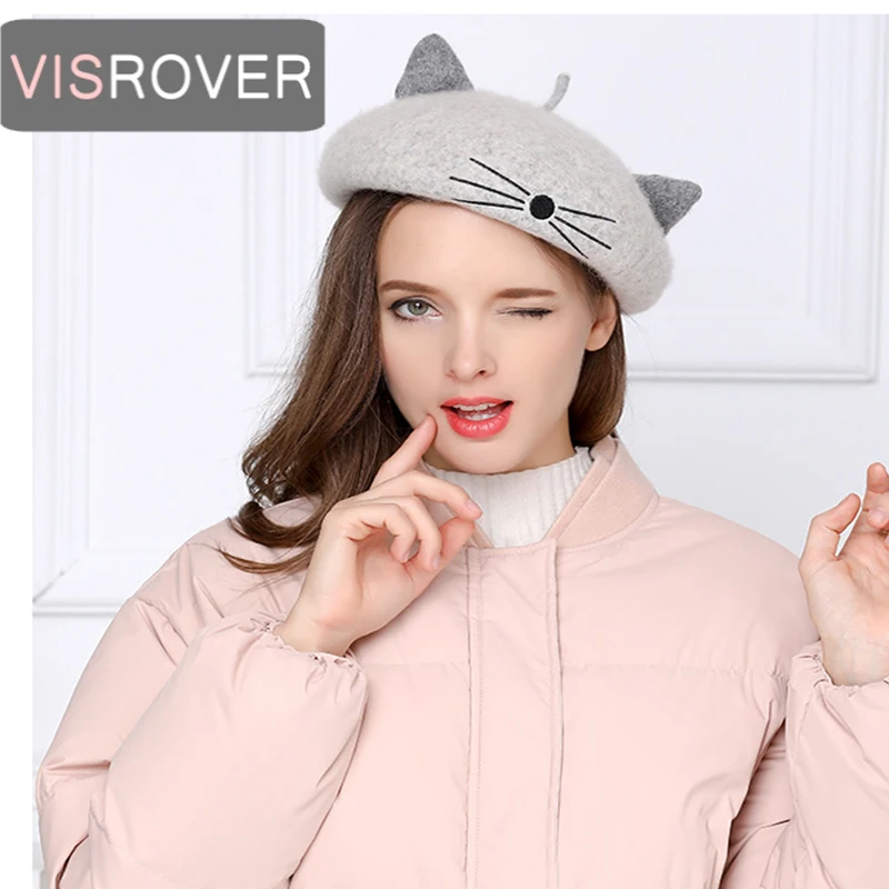 

VISROVER 2019 new woman wool winter beret female cute cat wool cap autumn winter hat solid top quality Women Boina wholesales