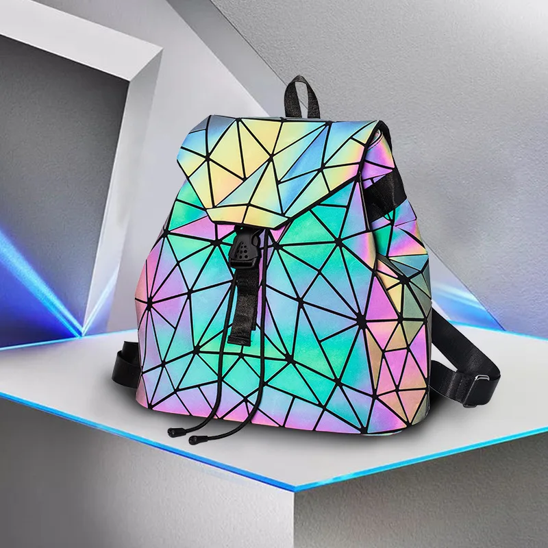 

Backpacks Women Geometric Luminous Backpacks School Lattice Holographic Backpack PU Leather Female Bags Girl Travel Student Bag