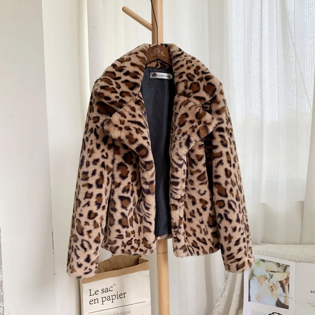 2020 Autumn Winter Loose Medium Short Windbreaker Lamb Coat Leopard Print Plush Women | Женская одежда
