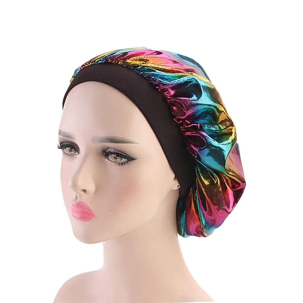 

Colorful Women Laser Silky DU-RAG Hair Cover Accessories Wave Caps Rags Wide Band Bonnet Salon Hat Turban Durag Doo Rag Headwrap