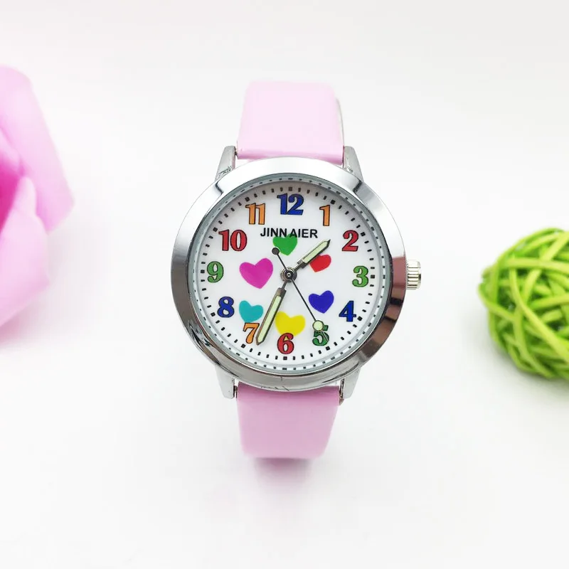 

Детские часы для девочек, модные кварцевые наручные часы с цветным сердцем, студенческие Мультяшные наручные часы, водонепроницаемые для д...