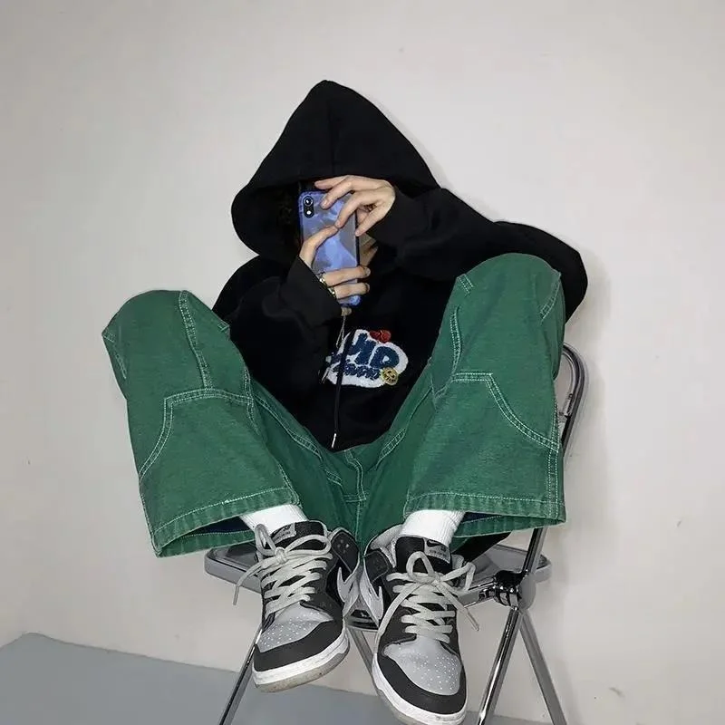 HOUZHOU Streetwear Vintage Green Baggy Jeans Women Hippie High Street Wide Leg Denim Pants Harajuku Oversize Loose Pink Trousers | Женская