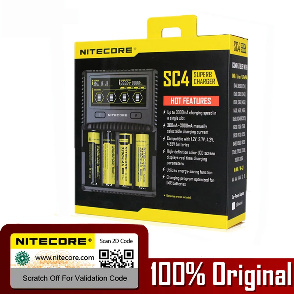 NITECORE SC4 Intelligent Faster Charging Superb Charger with 4 Slots 6A Total Output Compatible IMR 18650 14450 16340 AA Battery |