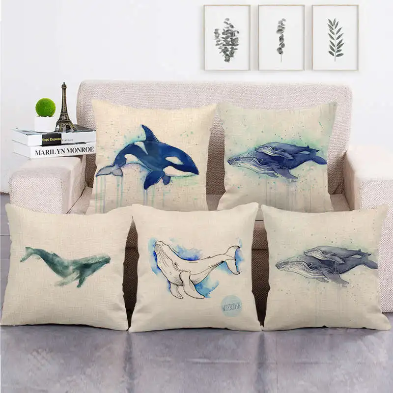 

One Side Print Cushion Cover Pillow Cover for Home Sofa Seat Throw Cases Cute Vintage Decoration 45X45cm Cartoon Whale