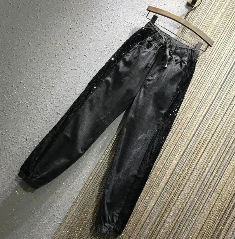 Женские джинсы с блестками повседневные свободные штаны-шаровары эластичной