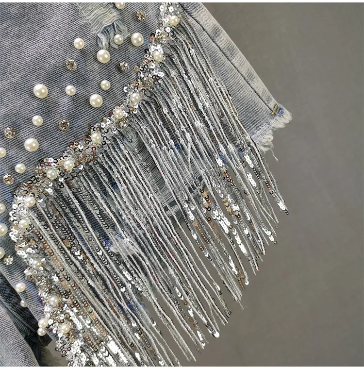 

Female Denim Shorts 2021 Summer New High Waist Slimming Heavy Beaded Sequin Fringed Ripped Wide Leg Pants Jeans Shorts