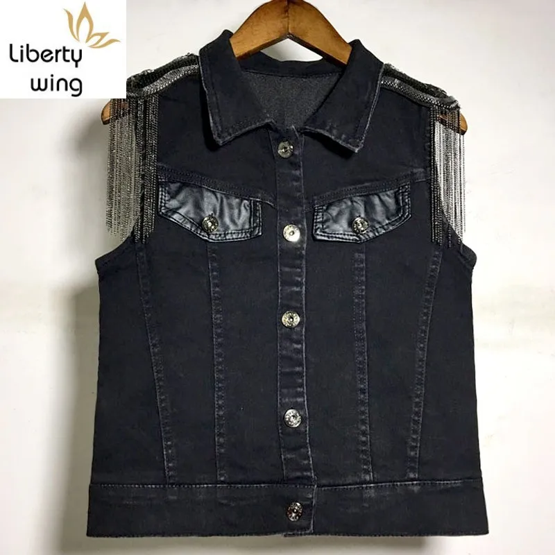 

Новый женский джинсовый жилет, Осенний корейский модный жилет без рукавов с кисточками, женские короткие джинсовые куртки, Повседневная Уличная одежда