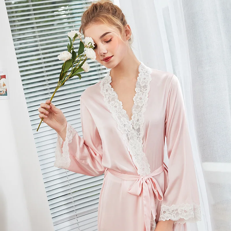 Женский кружевной халат Feier длинный банный из искусственного шелка с длинными