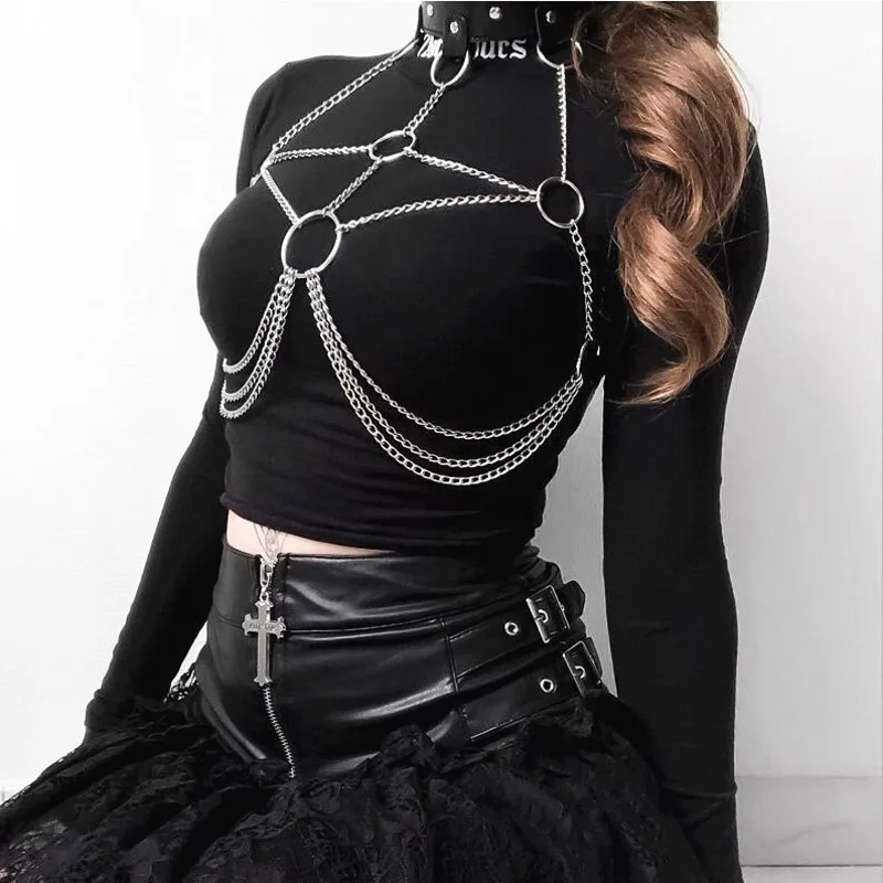 

COLEMJE Sexy Chain Bra Goth Punk Rock Leather Belt Chain Club Festival Fashion Jewelry Outifit Party Accessoriess For Women