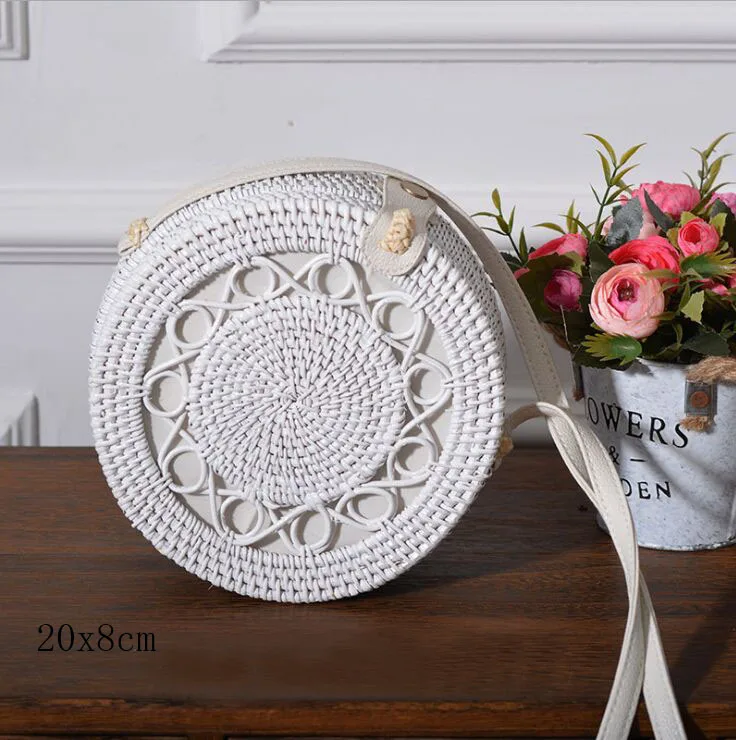 white G 20X8cm Солнечный пляж, ручные тканые сумки, круглая сумка с пряжкой, Ротанговые соломенные сумки, ранец, богемная пляжная круглая сумка - Цвет: white G 20X8cm