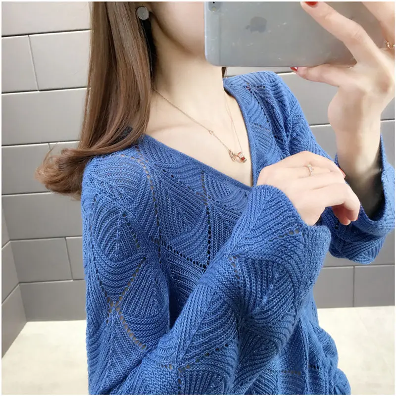 

Свитер женский трикотажный, с V-образным вырезом и рукавами в виде листьев лотоса, свободный, r138, весна 2020