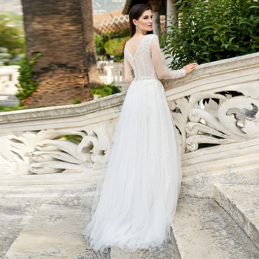 

Vestidos Elegant Wedding Dresses Tulle Illusion Appliques Lace Bateau Full Sleeve Covered Button Ball Bridal Gowns