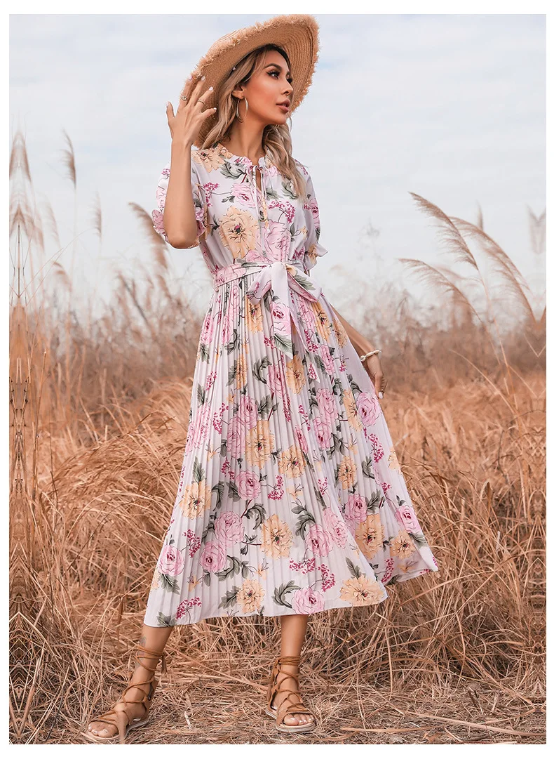 

Donsignet Fashion Women's Dress New Summer Casual V-neck Pullover Print Ruffled Lace Plus Size Short-sleeved Dress Mid-Calf