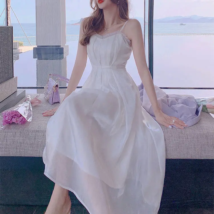 Платье женское летнее из пряжи с подтяжками Белый сарафан лунным светом в стиле