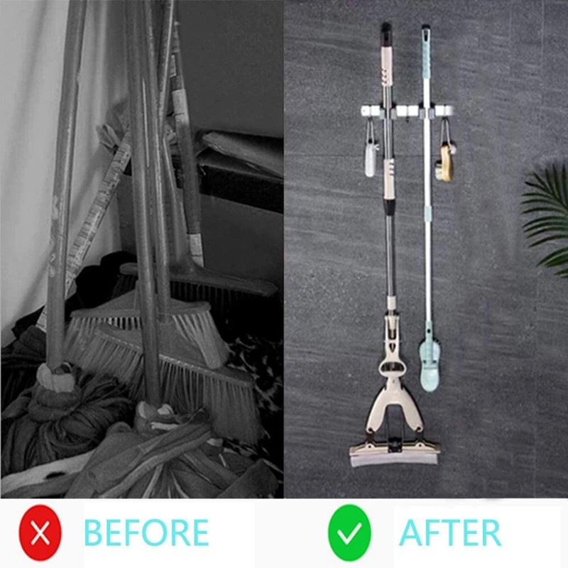 

2 Pcs Broom mop Holder, Stainless Steel Wall mounted Storage Tool for Kitchen, Garage, Garden, Bathroom(2 Racks 3 Hooks)