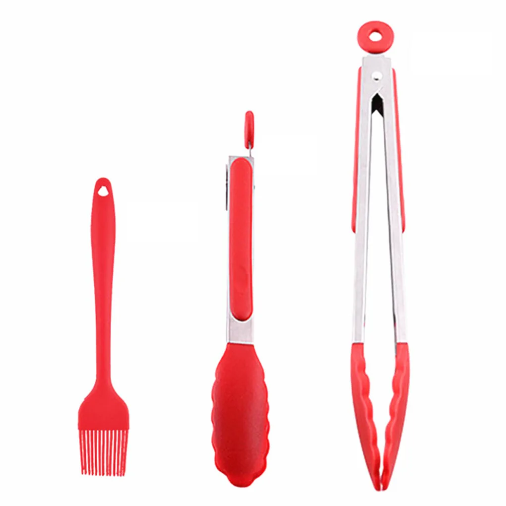 

2pcs Non-Stick Kitchen Tongs with 1 Brush Stainless Steel Non-SlipSilicone BBQ Salad Tools Kitchen Accessories