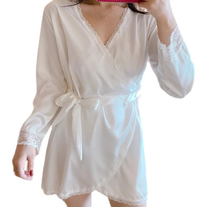Spring Summer 2021 New Women's Robe Elastic Satin Sexy Nightgown Lace Bathrobe Home Dress Morning Gown Sleepwear Japanese Kimono