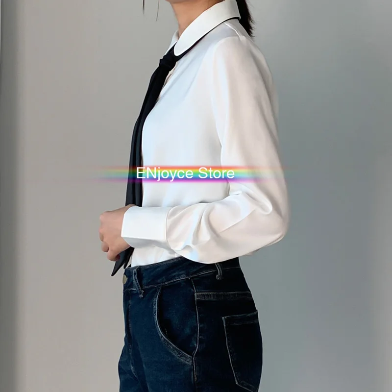 Высокое качество Бесплатная черный галстук белая шифоновая блузка женские топы