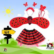 4Pcs/Set Kid Fairy Costume Set Ladybird Bee Glitter Cute Wing Striped Layered Tutu Skirt Wand Headband Dress Up Halloween Outfit