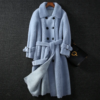 Light blue Зимнее пальто женские ветровки натуральная шерсть ягненка МЕХ ОВЧИНА искусственная кожа Длинный Тренч пальто двойной груди куртка шуба - Цвет: Light blue