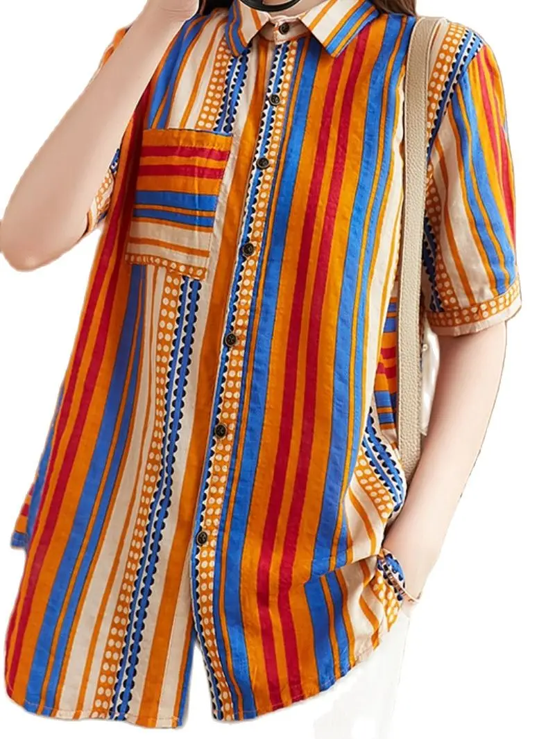 

blouses and shirts Short sleeve women's summer literature art cotton hemp loose large size age reducing stripe printing woman