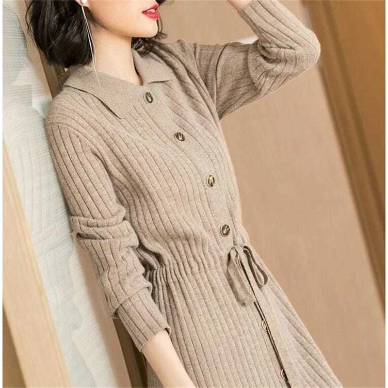 

Casual Turn-down Collar Solid Color Knitted Dress Women Fashion Elastic Slim Long Sleeve Dress Korean Style Draw String Dres's