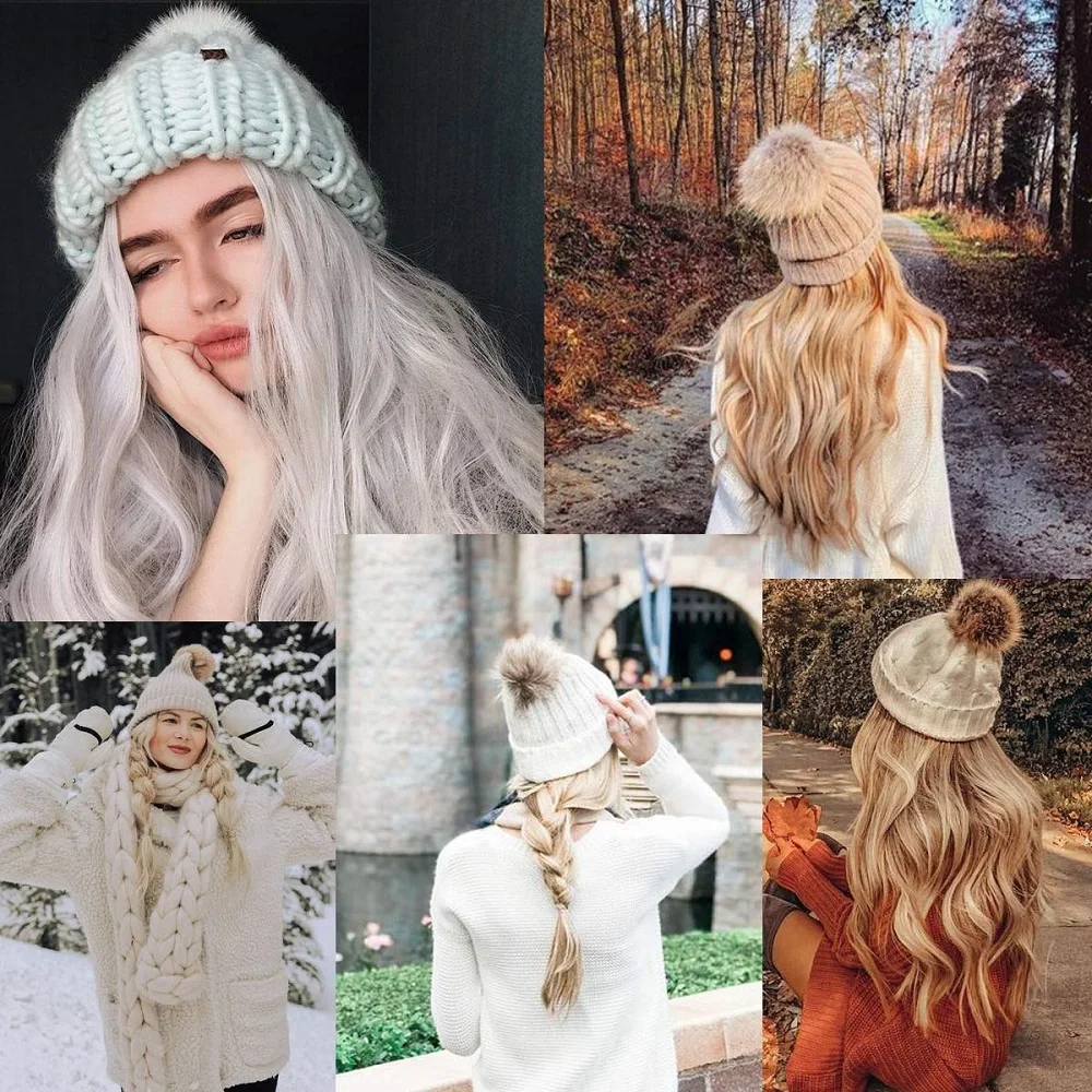 

Synthetic Long Wavy Wigs with Beret Hat Knitted Hat Fashion Autumn white Winter Cap Hair Wig Hair Extensions