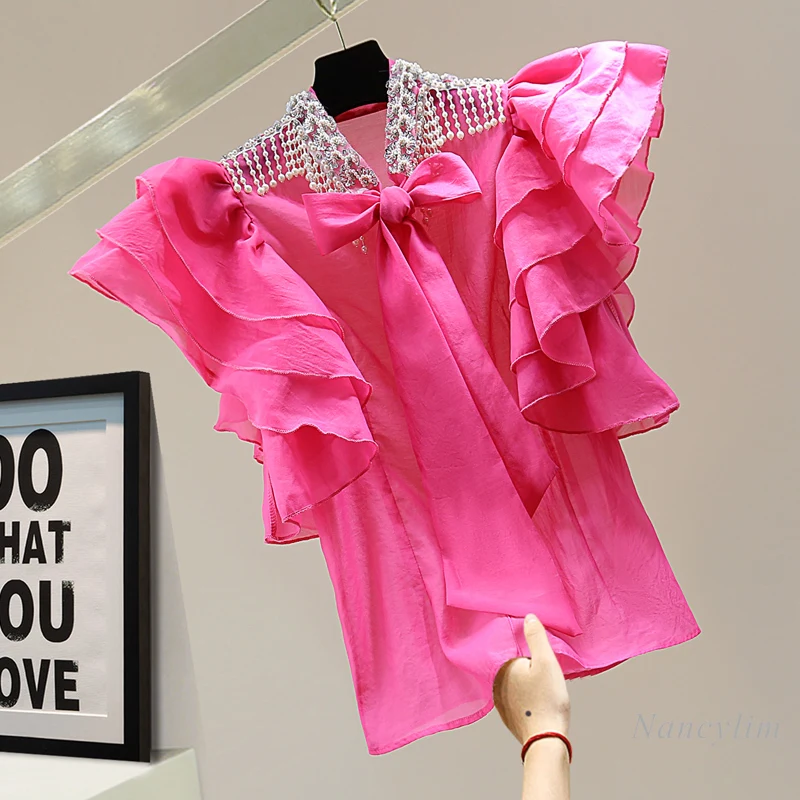 À volants Perles Paillettes Sans Manches Chemise Femmes 2021 Haut d'été Style Coréen Minceur Diamant Arc Soleil Protection Blouse Blusa