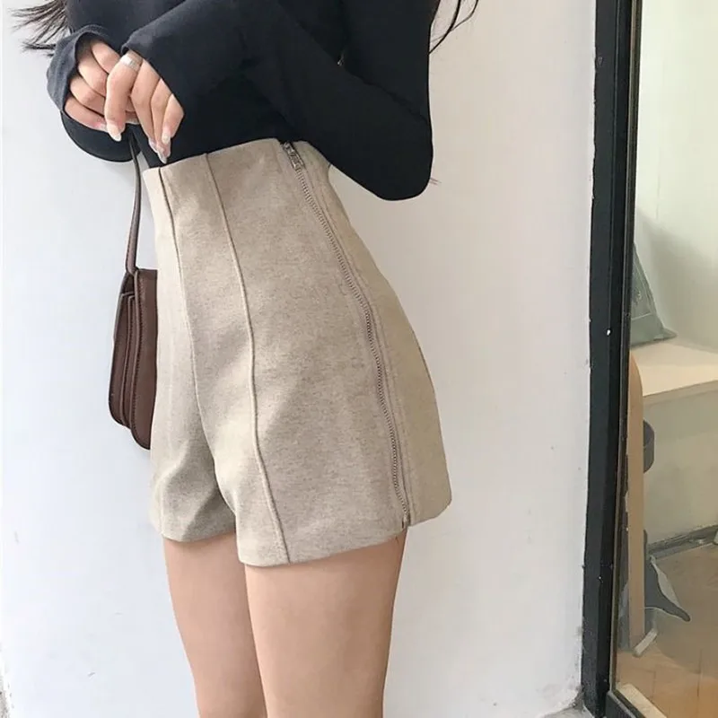 

Весенние шерстяные плотные женские шорты 2022, женские шорты с высокой талией и боковой молнией, однотонные Спортивные Повседневные офисные ...
