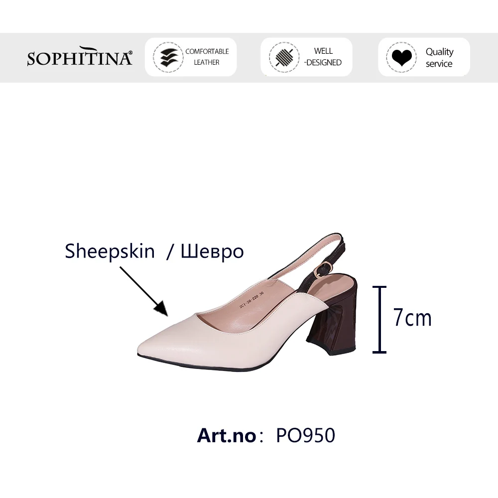 

SOPHITINA Women Shoes Summer Slingback Pumps Pointed Toe Genuine Leather Square Heel Sheepskin Buckle Office Lady Shoes PC950