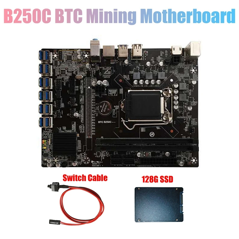 Материнская плата B250C для майнинга BTC с 128G SSD + кабель переключателя 12xpcie на USB3.0