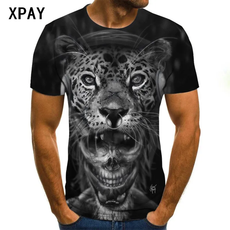 Мужская футболка с 3D принтом в виде черепа льва черная свободная круглым вырезом